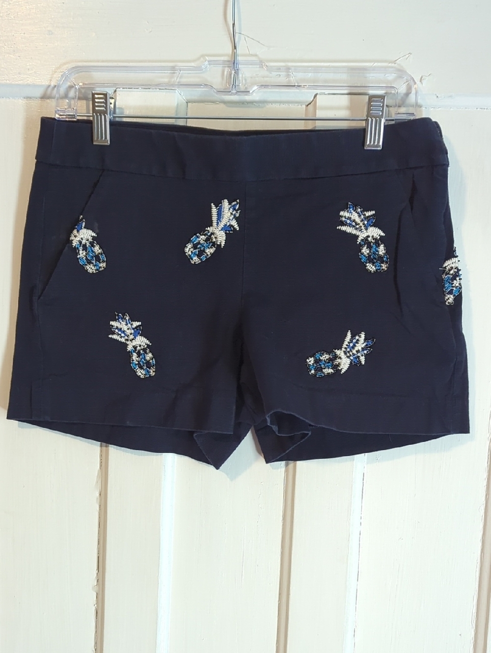 LOFT Navy Pineapple Sequin Embroidered Shorts